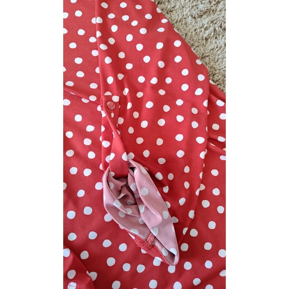 Cato Women Blouse Small Red White Polka Dot Split-Neck Tunic Top Y2K Tab Sleeves - Picture 5 of 12